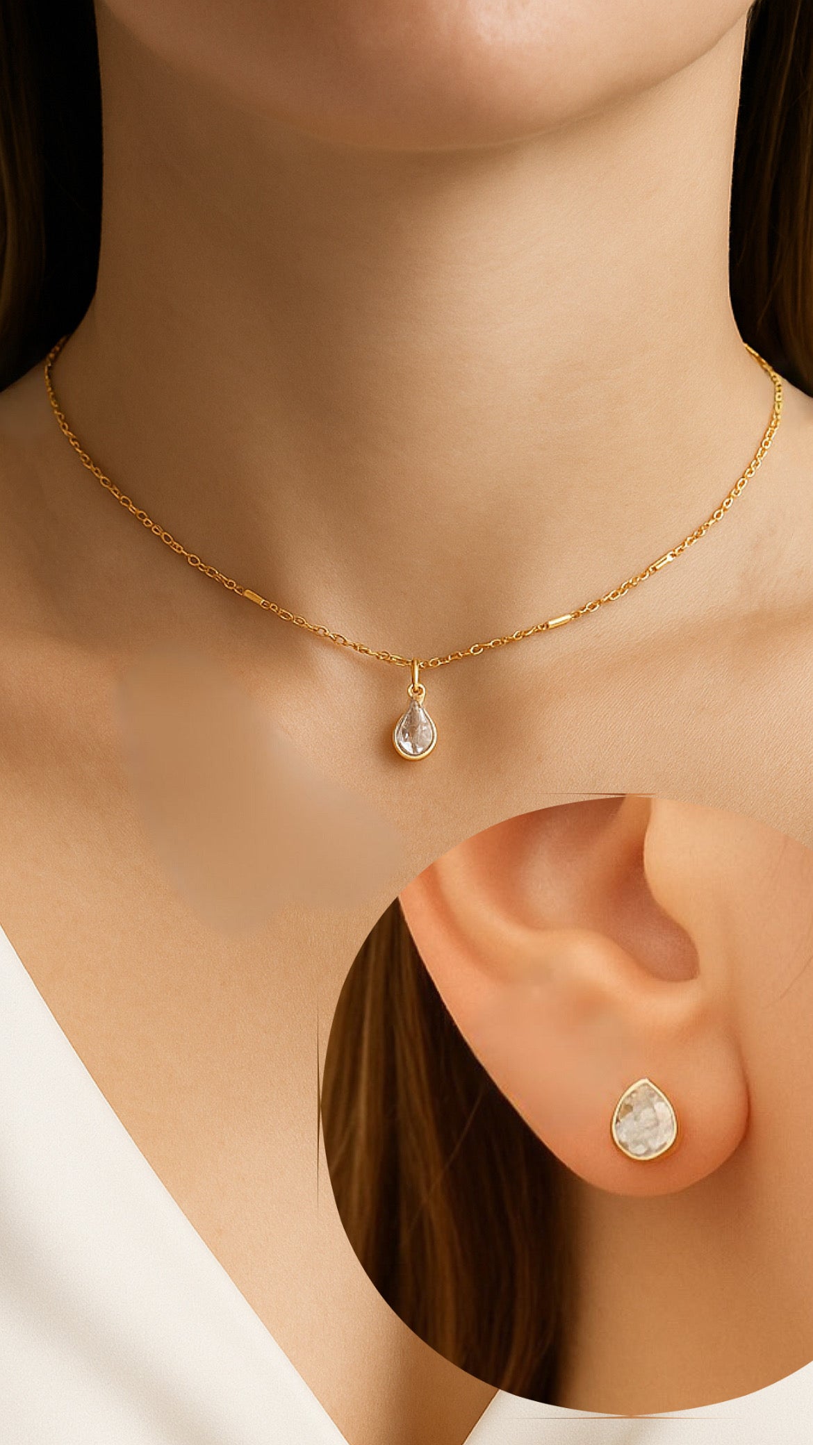 Conjunto Colar + Brinco Gota Brilhante Banhado a Ouro com Zircônia Cravejada