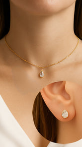 Conjunto Colar + Brinco Gota Brilhante Banhado a Ouro com Zircônia Cravejada