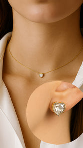 Conjunto Colar + Brinco Coração Brilhante Banhado a Ouro com Zircônia