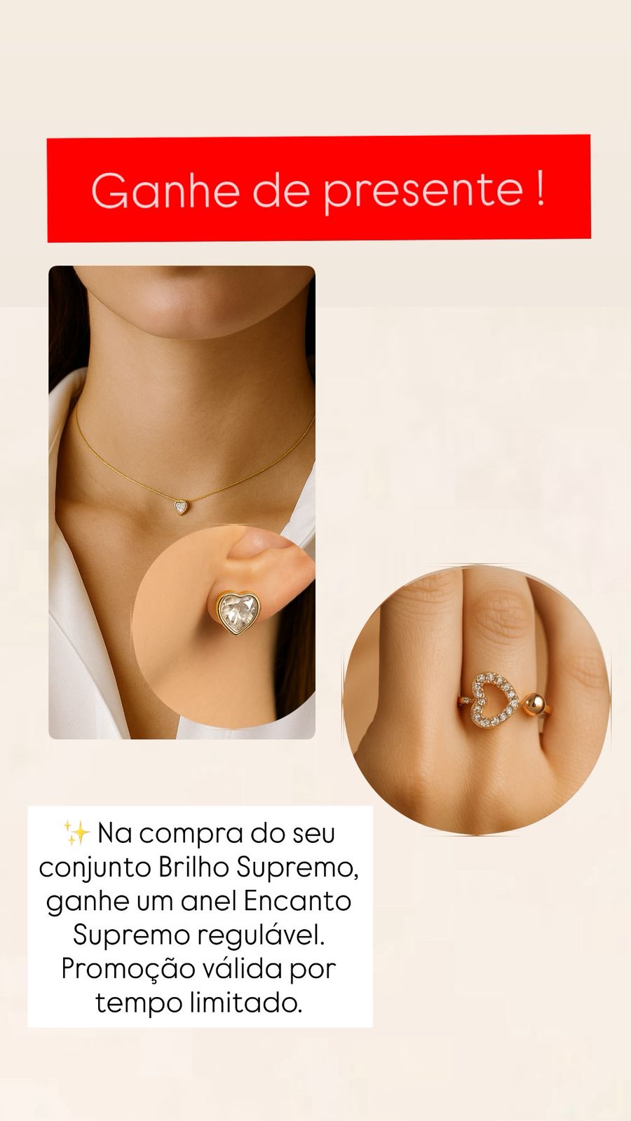 Conjunto Colar + Brinco Coração Brilhante Banhado a Ouro com Zircônia