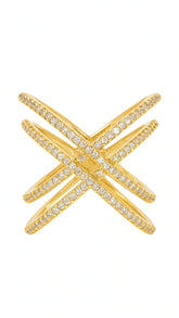 Anel Formato x Cravejado com Zirconias Banhado a Ouro