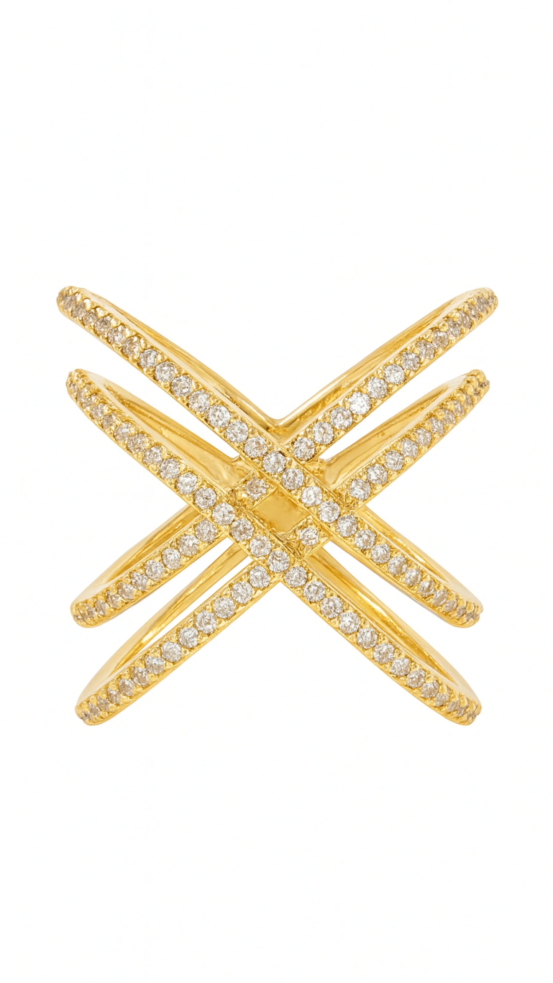 Anel Formato x Cravejado com Zirconias Banhado a Ouro